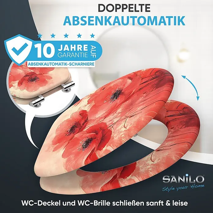 SANILO WC-Sitz Poppy mit Absenkautomatik - MDF, Rot, Mit Absenkautomatik - WC-Sitz mit roten Mohnblumen, doppelter Absenkautomatik für Deckel & Brille, 10 Jahre Garantie auf Scharniere.