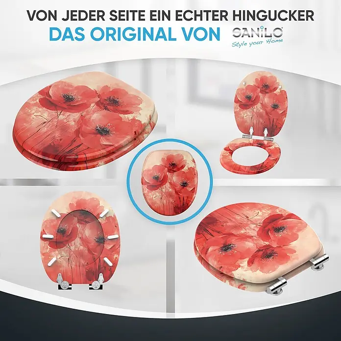 SANILO WC-Sitz Poppy mit Absenkautomatik - MDF, Rot, Mit Absenkautomatik - Weißer WC-Sitz mit lebendigem roten Mohnblumen-Design, aus verschiedenen Perspektiven gezeigt.