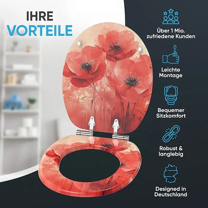 SANILO WC-Sitz Poppy mit Absenkautomatik - MDF, Rot, Mit Absenkautomatik - Toilettensitz mit leuchtendem roten Mohnblumenmuster, geöffnet, um Deckel und Sitzring zu zeigen.