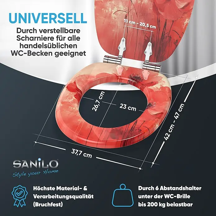 SANILO WC-Sitz Poppy mit Absenkautomatik - MDF, Rot, Mit Absenkautomatik - WC-Sitz mit rotem Mohnmuster, universell passend durch verstellbare Scharniere, bruchfest und bis 200 kg belastbar.