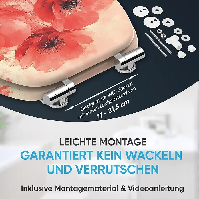 SANILO WC-Sitz Poppy mit Absenkautomatik - MDF, Rot, Mit Absenkautomatik - WC-Sitz mit leuchtendem Mohnblumen-Design, Chromscharnieren und komplettem Montagematerial.