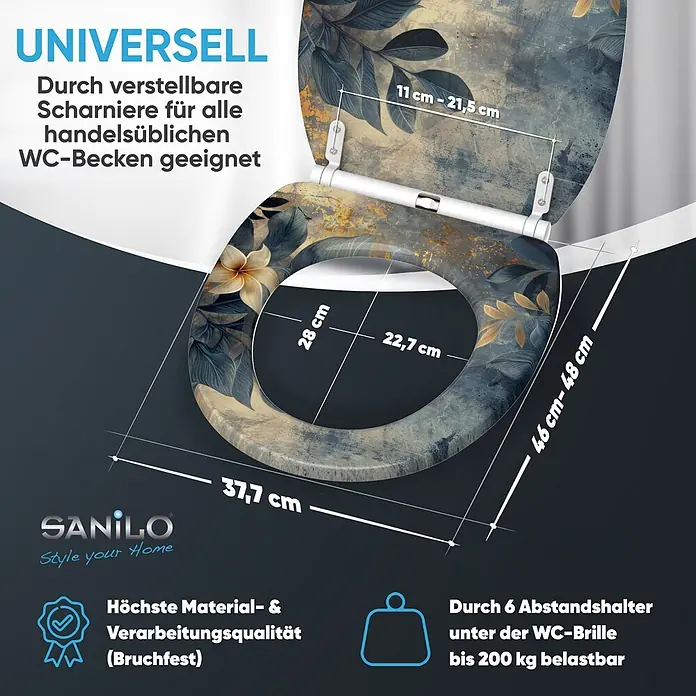 SANILO WC-Sitz Lilybud mit Schnellverschluss - MDF, Gelb, Mit Absenkautomatik - WC-Sitz mit dunklem Blumenmuster, der Maße und Merkmale wie universelle Passform und 200 kg Tragfähigkeit zeigt.