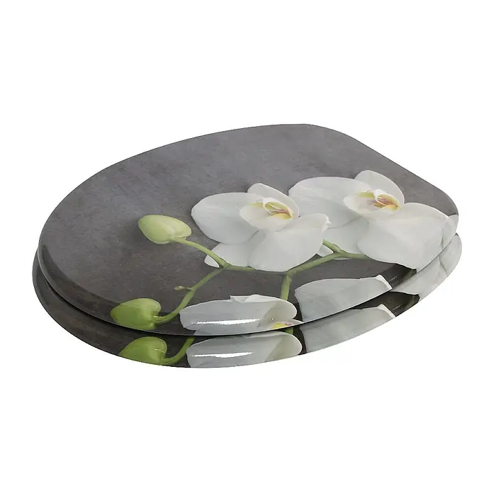 SANILO WC-Sitz Pretty - MDF, Grau, Ohne Absenkautomatik - Toilettensitz mit grauer Oberfläche und weißem Orchideenmuster mit Blüten und Knospen.