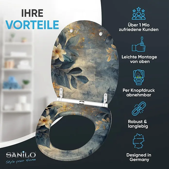 SANILO WC-Sitz Lilybud mit Schnellverschluss - MDF, Gelb, Mit Absenkautomatik - WC-Sitz mit floralem Muster in Blau, Gold und Beige, geöffnet präsentiert.