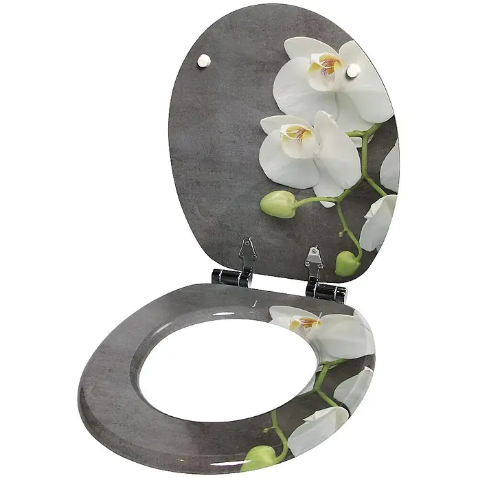 SANILO WC-Sitz Pretty - MDF, Grau, Ohne Absenkautomatik - Toilettensitz und -deckel mit grauem Stein-Look-Design und weißen Orchideen.