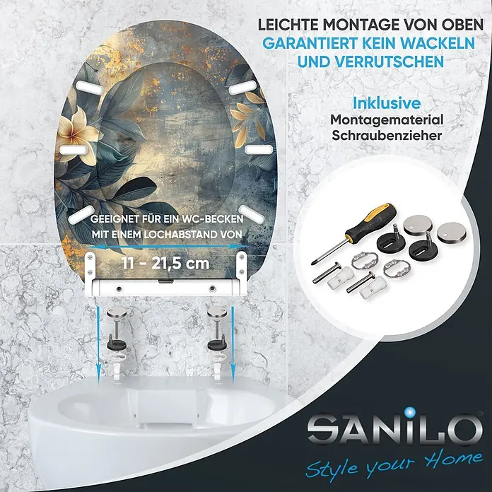 SANILO WC-Sitz Lilybud mit Schnellverschluss - MDF, Gelb, Mit Absenkautomatik - Verzierter WC-Sitz mit Top-Fix-Montagesystem, zeigt Kompatibilität mit 11-21,5 cm Lochabstand und inkludiertem Montagematerial.