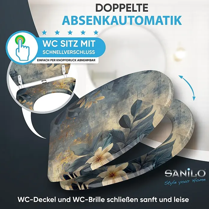 SANILO WC-Sitz Lilybud mit Schnellverschluss - MDF, Gelb, Mit Absenkautomatik - Gemusterter WC-Sitz mit Schnellverschluss und Absenkautomatik. Verfügt über ein abstraktes Blumenmuster in Grau und Beige.