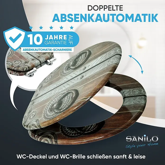 SANILO WC-Sitz Door mit Absenkautomatik - MDF, Braun, Mit Absenkautomatik - WC-Sitz im Holz-Look mit Verzierungen und doppelter Absenkautomatik. 10 Jahre Garantie auf Scharniere.