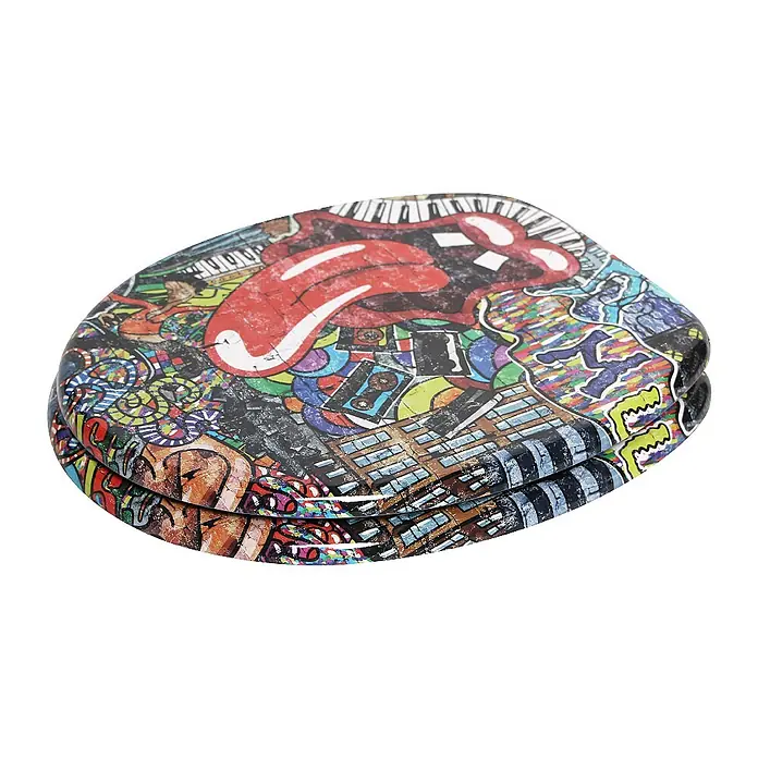 SANILO WC-Sitz Graffiti - MDF, Rot, Ohne Absenkautomatik - Bunter Toilettensitz mit lebhaftem Graffiti-Print und dem ikonischen Rolling Stones Zungenlogo.