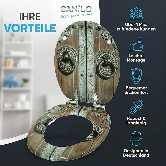 SANILO WC-Sitz Door mit Absenkautomatik - MDF, Braun, Mit Absenkautomatik - WC-Sitz im rustikalen Holztür-Design mit dekorativen Metallbeschlägen und antiken Türklopfern.