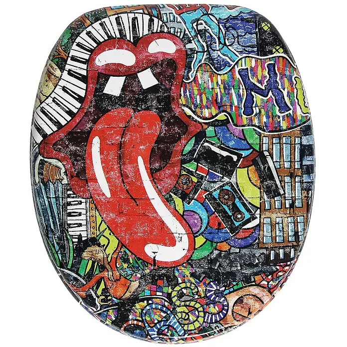 SANILO WC-Sitz Graffiti - MDF, Rot, Ohne Absenkautomatik - Bunter Toilettensitzbezug mit Graffiti-Kunst, Rolling Stones-Zungenlogo, Tastatur und Stadtmotiven.