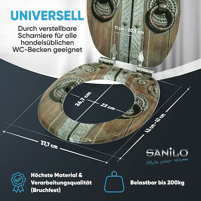 SANILO WC-Sitz Door mit Absenkautomatik - MDF, Braun, Mit Absenkautomatik - Rustikaler WC-Sitz in Holzoptik mit mittelalterlichem Türdesign, verstellbaren Scharnieren, universell passend, 200kg belastbar, 47x37.7cm.