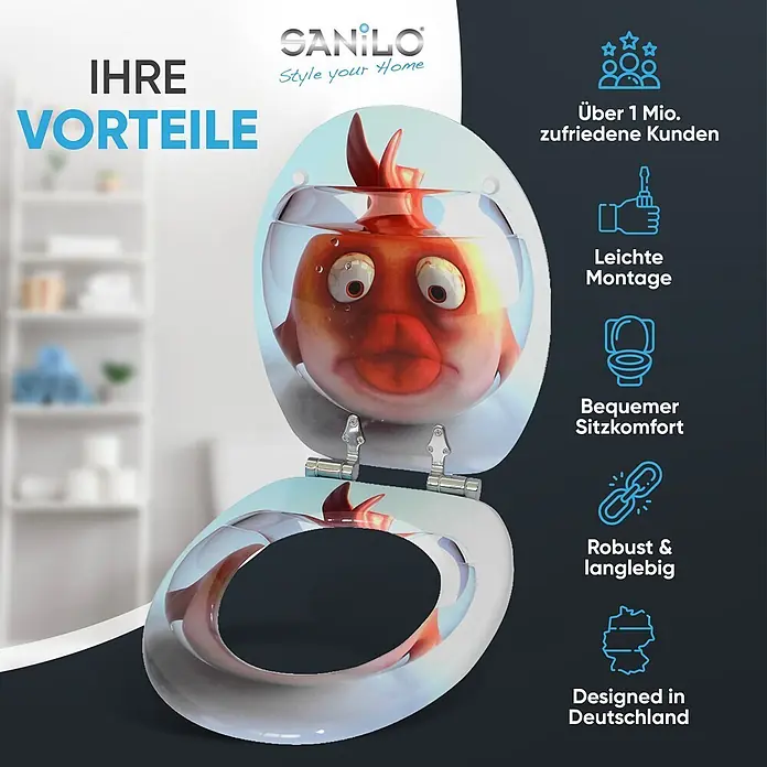 SANILO WC-Sitz Goldfisch mit Absenkautomatik - MDF, Orange, Mit Absenkautomatik - Weißer Toilettensitz mit Goldfisch im Fischglas-Motiv, geöffnet dargestellt.