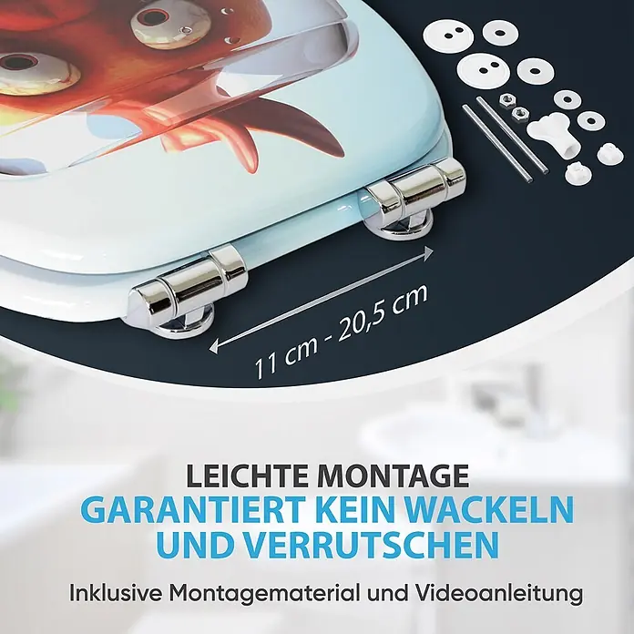 SANILO WC-Sitz Goldfisch mit Absenkautomatik - MDF, Orange, Mit Absenkautomatik - Hellblauer Toilettensitz mit Cartoon-Design, verstellbaren Chromscharnieren (11-20,5 cm) und Montageset für wackelfreie Installation.