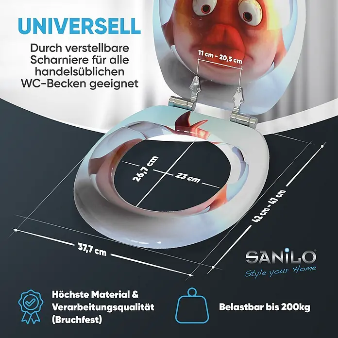 SANILO WC-Sitz Goldfisch mit Absenkautomatik - MDF, Orange, Mit Absenkautomatik - WC-Sitz mit Fischmotiv, universell passend durch verstellbare Scharniere, bis 200kg belastbar. Detaillierte Maße sind angegeben.