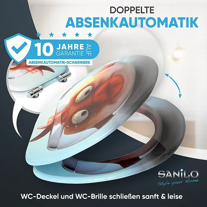 SANILO WC-Sitz Goldfisch mit Absenkautomatik - MDF, Orange, Mit Absenkautomatik - WC-Sitz mit Fischmotiv und doppelter Absenkautomatik. Schließt sanft und leise, mit 10 Jahren Garantie auf die Scharniere.