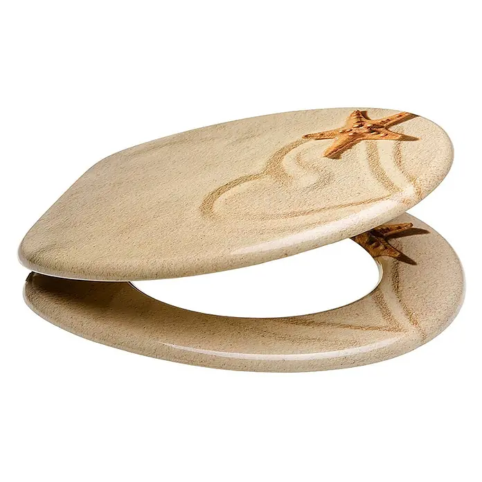 SANILO WC-Sitz Sandy - MDF, Braun, Ohne Absenkautomatik - Toilettensitz mit beigem Sanddesign, Herzzeichnung und Seestern.