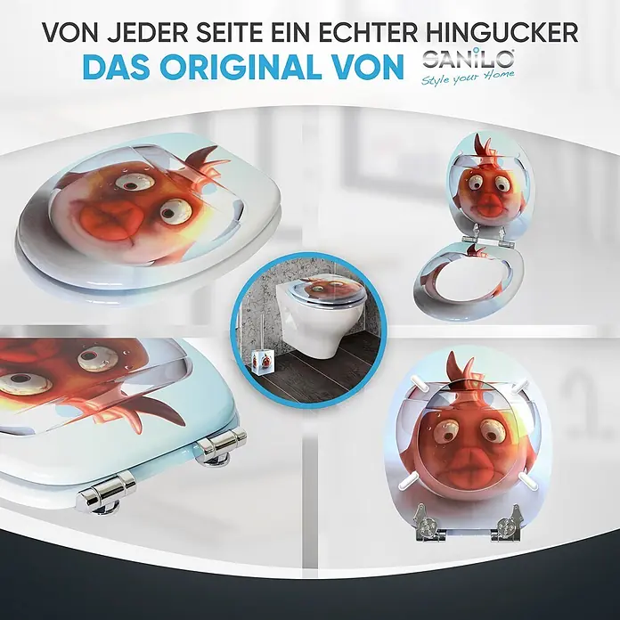SANILO WC-Sitz Goldfisch mit Absenkautomatik - MDF, Orange, Mit Absenkautomatik - Weißer WC-Sitz mit humorvollem Motiv eines erschrockenen orangefarbenen Goldfisches im Glas, aus verschiedenen Blickwinkeln und auf Toilette montiert.