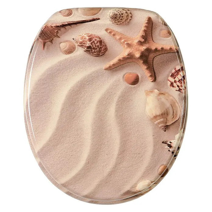 SANILO WC-Sitz Sanibel - MDF, Braun, Ohne Absenkautomatik - Toilettensitz mit Strandmotiv: Sand, Muscheln und Seestern.
