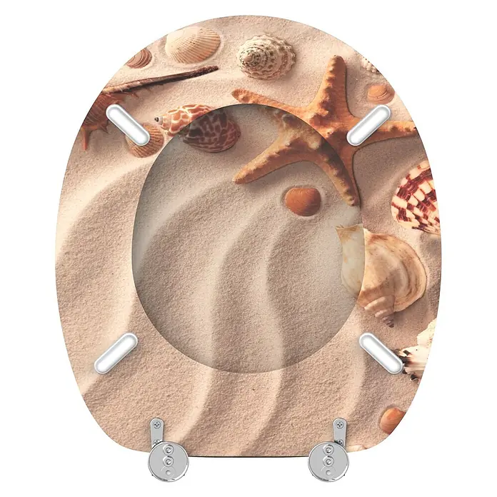SANILO WC-Sitz Sanibel - MDF, Braun, Ohne Absenkautomatik - Toilettensitz mit Strandmotiv, inklusive Sand, Muscheln und einem Seestern.