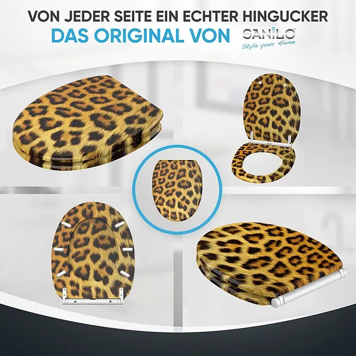 SANILO WC-Sitz Leopardenfell mit Schnellverschluss - MDF, Braun, Mit Absenkautomatik - Leopardenmuster WC-Sitz mit Deckel, aus verschiedenen Blickwinkeln gezeigt.