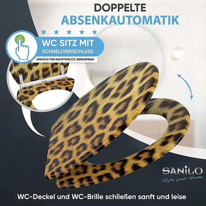 SANILO WC-Sitz Leopardenfell mit Schnellverschluss - MDF, Braun, Mit Absenkautomatik - WC-Sitz mit Leopardenmuster, Absenkautomatik und Schnellverschluss.