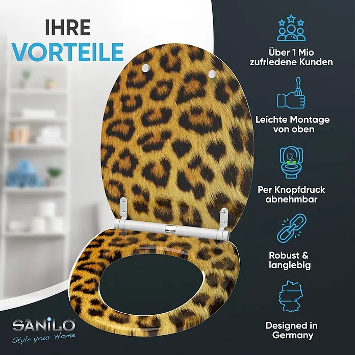SANILO WC-Sitz Leopardenfell mit Schnellverschluss - MDF, Braun, Mit Absenkautomatik - Leopard bedruckter WC-Sitz mit Absenkautomatik und verchromten Scharnieren. Sanilo-Markenprodukt.