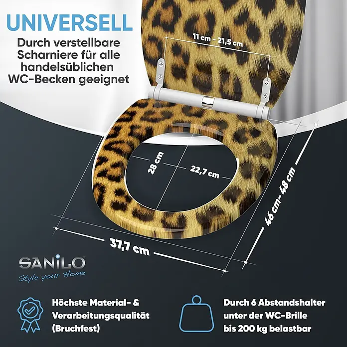 SANILO WC-Sitz Leopardenfell mit Schnellverschluss - MDF, Braun, Mit Absenkautomatik - Leopardenmuster WC-Sitz mit verstellbaren Scharnieren, universell passend. Hohe Qualität, bis 200 kg belastbar.
