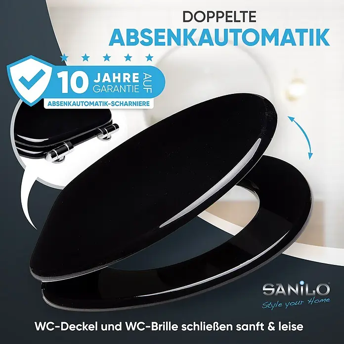 SANILO WC-Sitz Schwarz mit Absenkautomatik - MDF, Schwarz, Mit Absenkautomatik - Schwarzer WC-Sitz mit Absenkautomatik. Deckel und Brille schließen sanft und leise.