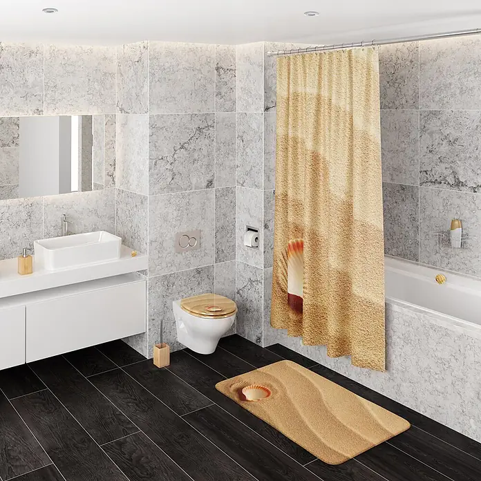 SANILO WC-Sitz Clam mit Schnellverschluss - MDF, Braun, Mit Absenkautomatik - Badezimmer mit Duschvorhang, Toilettensitz und Badematte im Sanddünen- und Muschel-Design.
