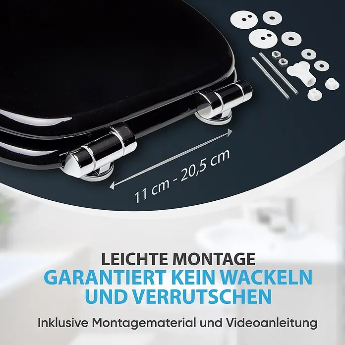 SANILO WC-Sitz Schwarz mit Absenkautomatik - MDF, Schwarz, Mit Absenkautomatik - Schwarzer Toilettensitz mit Chromscharnieren und Befestigungsmaterial, mit verstellbarem Scharnierabstand (11-20,5 cm).