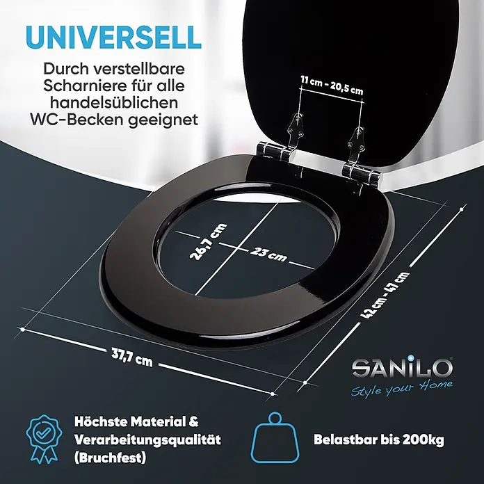 SANILO WC-Sitz Schwarz mit Absenkautomatik - MDF, Schwarz, Mit Absenkautomatik - Schwarzer WC-Sitz mit verstellbaren Scharnieren, bruchfest und bis 200kg belastbar.