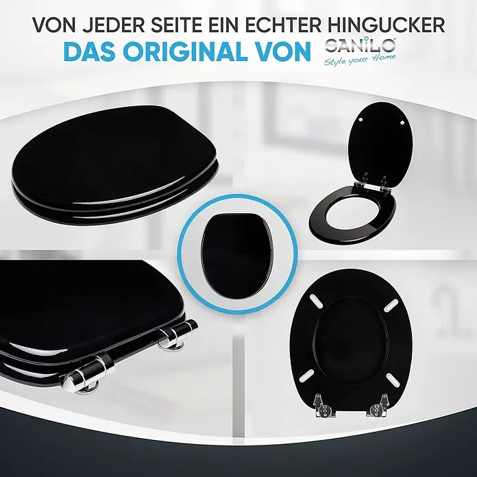 SANILO WC-Sitz Schwarz mit Absenkautomatik - MDF, Schwarz, Mit Absenkautomatik - Schwarzer Toilettensitz mit Chromscharnieren, geschlossen, offen und von oben/unten gezeigt.