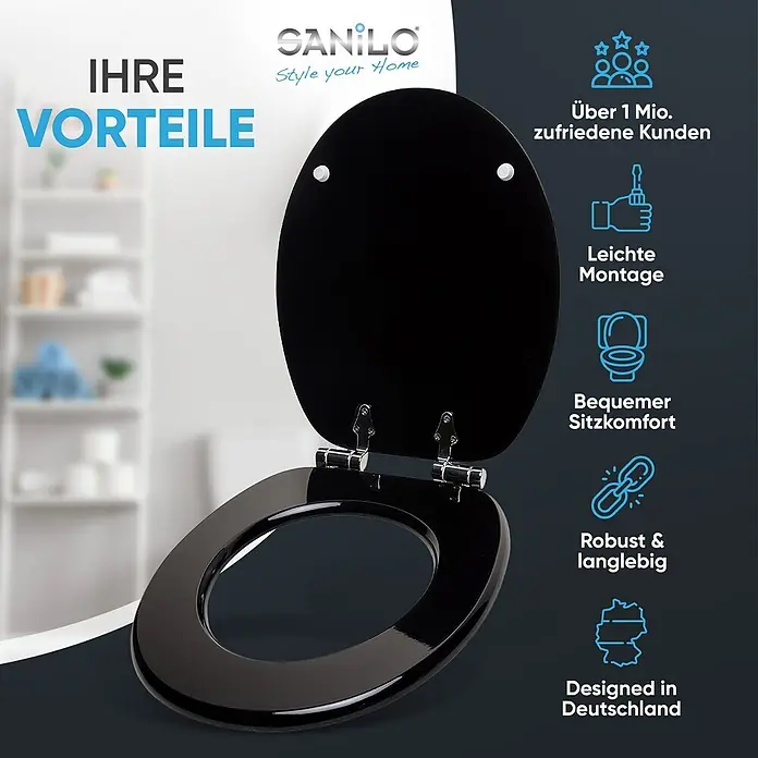 SANILO WC-Sitz Schwarz mit Absenkautomatik - MDF, Schwarz, Mit Absenkautomatik - Glänzend schwarzer Toilettensitz mit passendem Deckel, teilweise geöffnet, zeigt Chromscharniere.