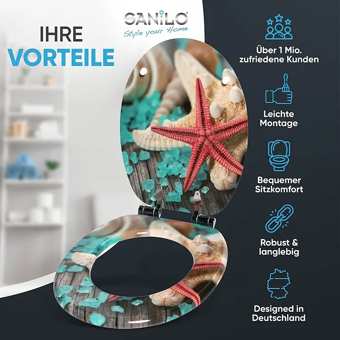 SANILO WC-Sitz Bath Salts mit Absenkautomatik - MDF, Türkis, Mit Absenkautomatik - Toilettensitz mit Meeresmotiv (Seestern, Muscheln, blaues Granulat) und Produktvorteilen.