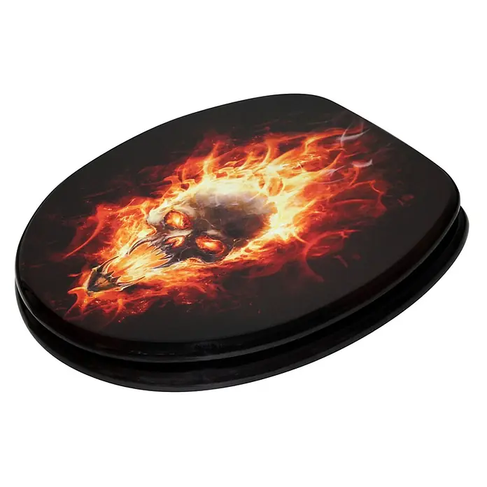 SANILO WC-Sitz Totenkopf in Flammen - MDF, Schwarz, Ohne Absenkautomatik - Glänzender schwarzer WC-Sitz mit furchterregendem flammendem Totenkopf-Design.
