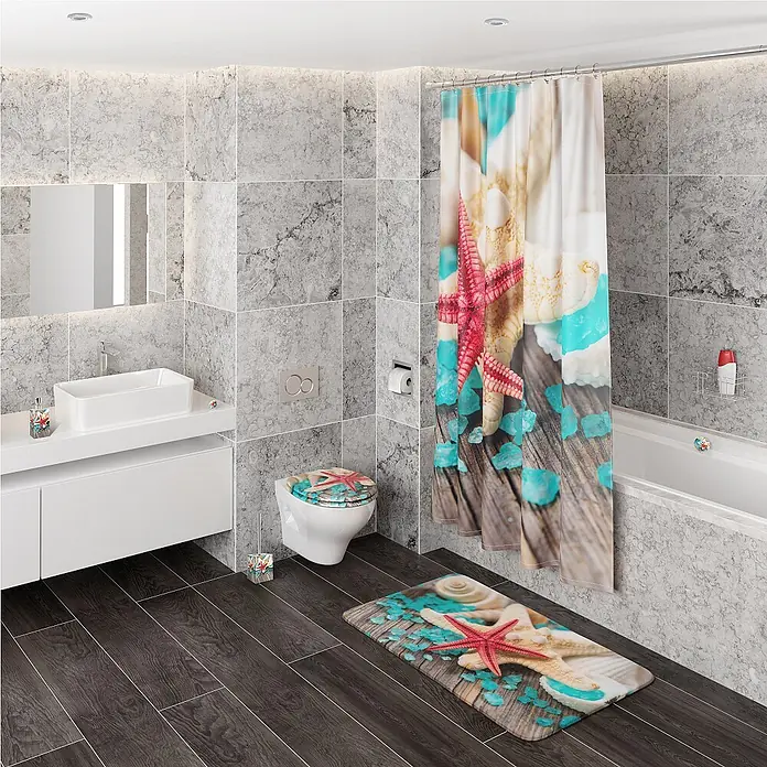 SANILO WC-Sitz Bath Salts mit Absenkautomatik - MDF, Türkis, Mit Absenkautomatik - Badezimmer-Set mit Seestern-Duschvorhang, WC-Sitzbezug und Badematte im Strand-Design.