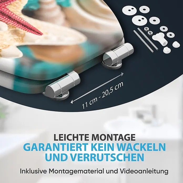SANILO WC-Sitz Bath Salts mit Absenkautomatik - MDF, Türkis, Mit Absenkautomatik - Dekorativer WC-Sitz mit Strandmotiv, silbernen Scharnieren und Montagematerial. Scharnierabstand 11-20,5 cm für einfache Montage.