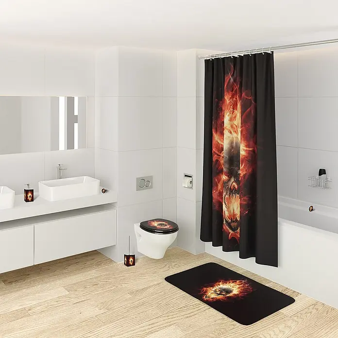 SANILO Kosmetikeimer Totenkopf in Flammen - 3 l, Metall, Schwarz|Rot|Gelb - Schwarzes Bad-Deko-Set mit Flammenschädel-Design: Duschvorhang, Toilettensitz, Matte, Seifenspender, Bürstenhalter.