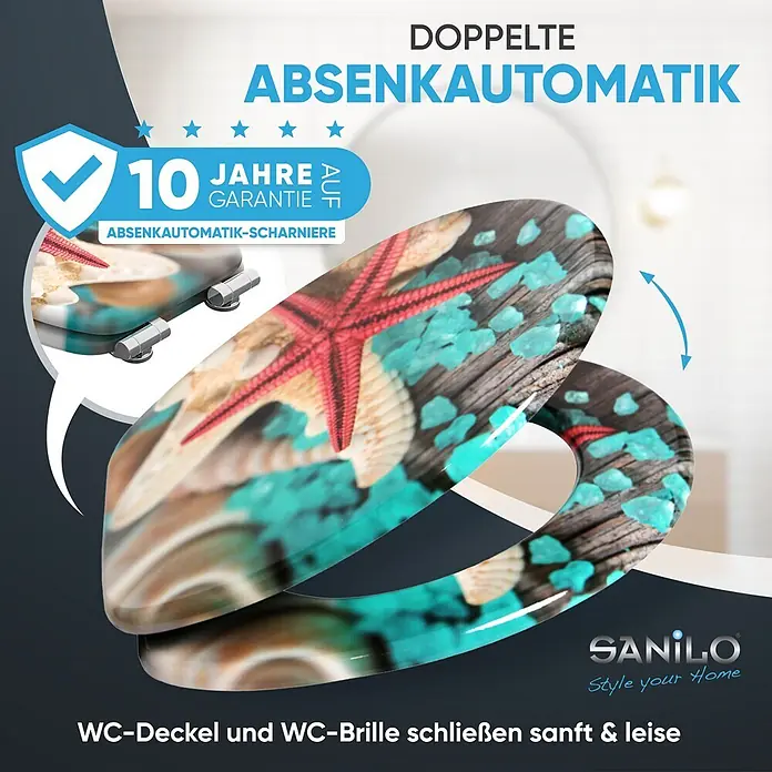SANILO WC-Sitz Bath Salts mit Absenkautomatik - MDF, Türkis, Mit Absenkautomatik - WC-Sitz mit Seestern- und Muscheldesign. Mit doppelter Absenkautomatik und 10 Jahren Garantie auf Scharniere für leises Schließen.