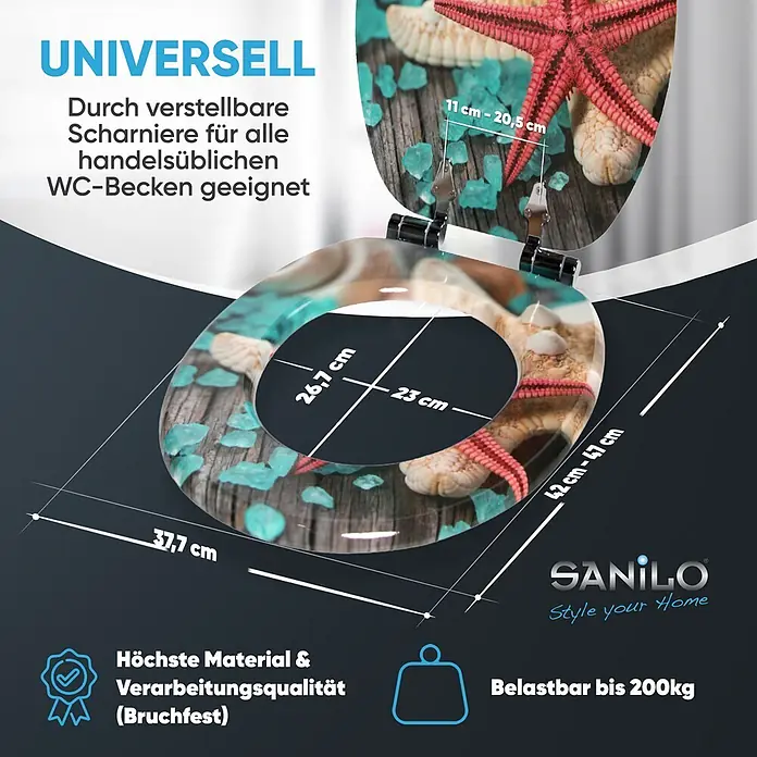 SANILO WC-Sitz Bath Salts mit Absenkautomatik - MDF, Türkis, Mit Absenkautomatik - Toilettensitz mit maritimem Motiv: Seesterne, Muscheln und blaue Dekorsteine auf transparenter Oberfläche. Mit verstellbaren Scharnieren.