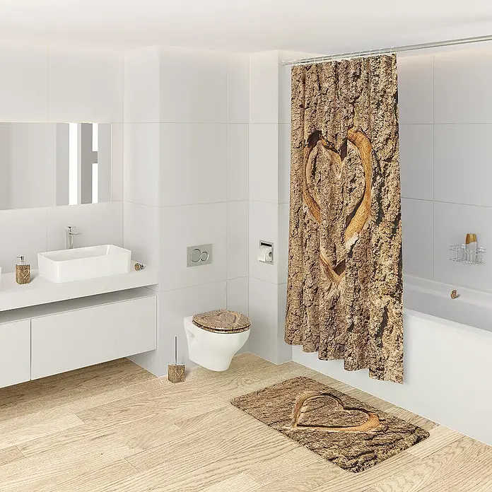 SANILO WC-Sitz True Love mit Absenkautomatik - MDF, Braun, Mit Absenkautomatik - Bad-Set mit Duschvorhang, Badematte und WC-Zubehör, alle mit Baumrinden- und geschnitztem Herz-Design.