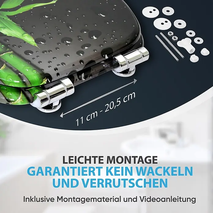 SANILO WC-Sitz Virella mit Absenkautomatik - MDF, Grün, Mit Absenkautomatik - Schwarzer Toilettensitz mit grünem Bambus-Design und Wassertropfen, Chromscharnieren und Montagezubehör, zeigt verstellbaren Scharnierabstand (11-20,5 cm).