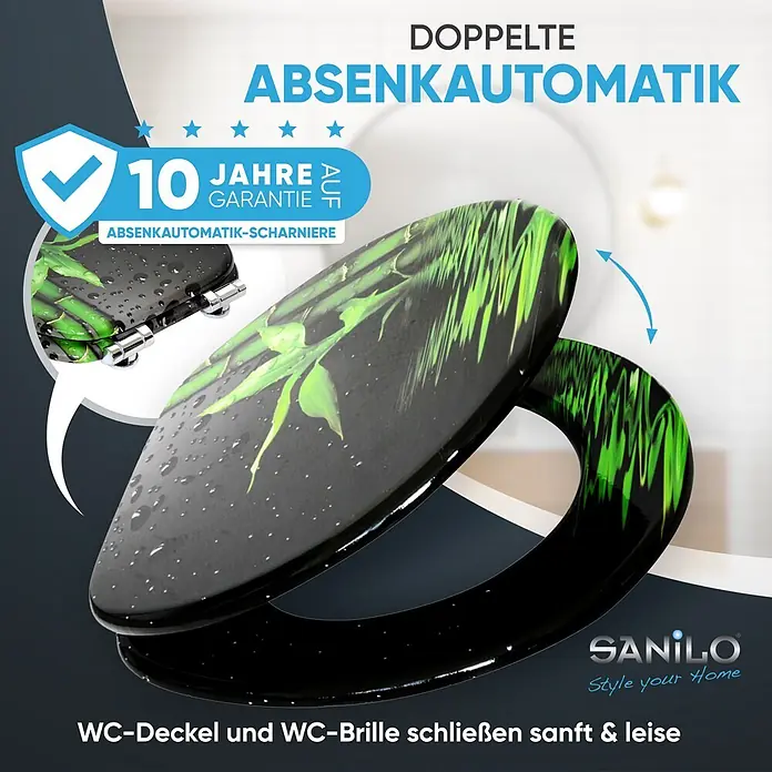 SANILO WC-Sitz Virella mit Absenkautomatik - MDF, Grün, Mit Absenkautomatik - Schwarzer WC-Sitz mit grünem Bambusdesign, doppelter Absenkautomatik und 10 Jahren Scharniergarantie. Schließt sanft.