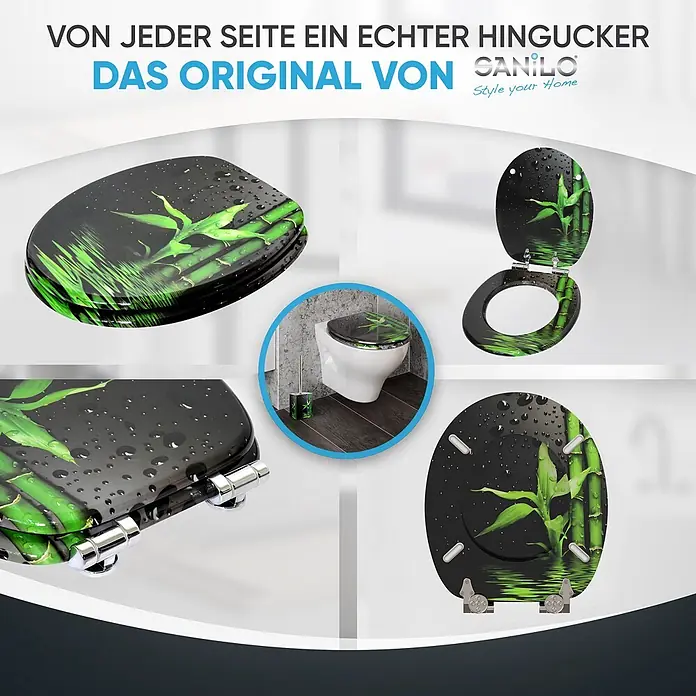 SANILO WC-Sitz Virella mit Absenkautomatik - MDF, Grün, Mit Absenkautomatik - Schwarzer Toilettensitz mit lebhaftem grünem Bambus- und Wassertropfenmuster. Mehrere Ansichten, auch auf einer Toilette montiert.