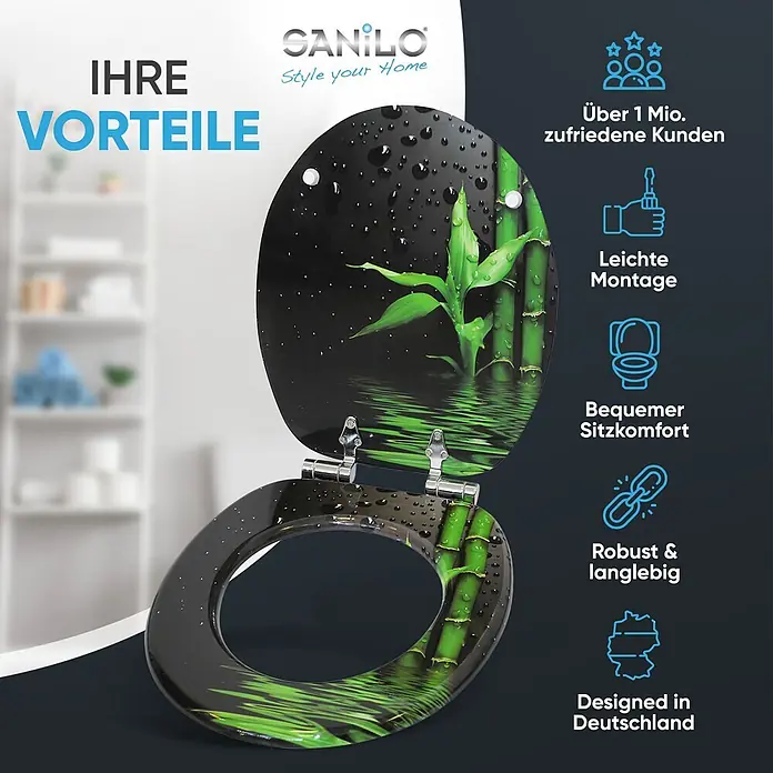 SANILO WC-Sitz Virella mit Absenkautomatik - MDF, Grün, Mit Absenkautomatik - Toilettensitz mit grünem Bambus- und Wassertropfen-Design auf schwarzem Hintergrund.