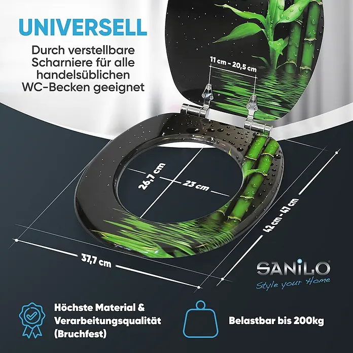 SANILO WC-Sitz Virella mit Absenkautomatik - MDF, Grün, Mit Absenkautomatik - Schwarzer WC-Sitz mit grünem Bambus-Design, verstellbaren Scharnieren und Maßen, bis 200kg belastbar.