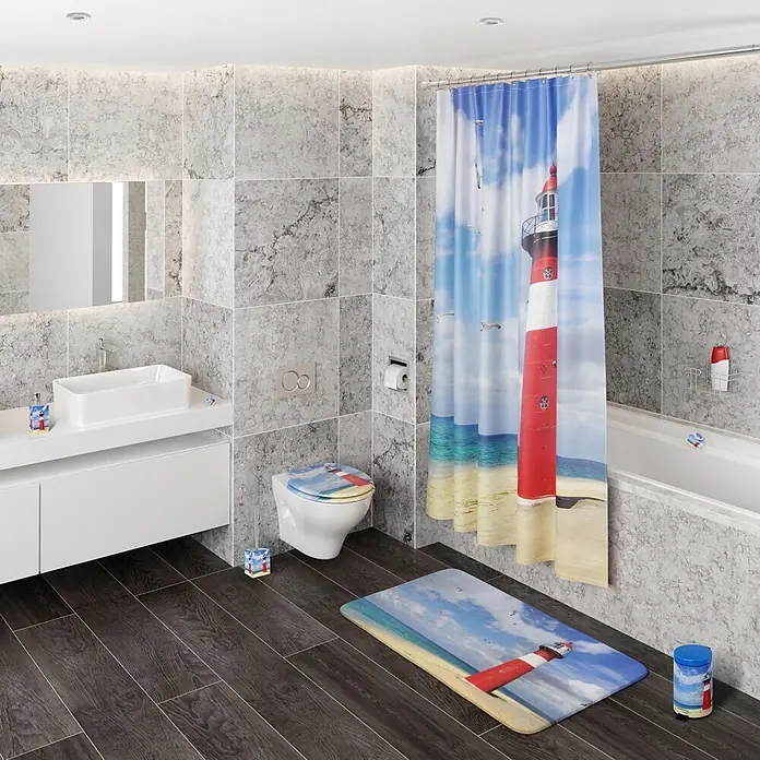 SANILO WC-Sitz Leuchtturm - MDF, Rot, Ohne Absenkautomatik - Badezimmer-Set im Leuchtturm-Design mit Duschvorhang, Badematte und Toilettensitzbezug in einem modernen Bad.