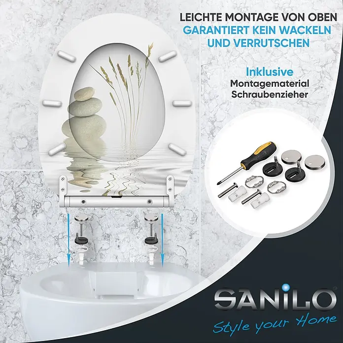 SANILO WC-Sitz Balance mit Schnellverschluss - MDF, Weiß, Mit Absenkautomatik - Weißer WC-Sitz mit Top-Fix-Montage, inklusive Schraubendreher und Befestigungsmaterial.