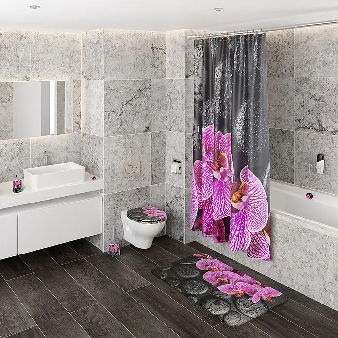 SANILO WC-Sitz Madeira mit Schnellverschluss - MDF, Violett, Mit Absenkautomatik - Badezimmer-Set mit Duschvorhang, Toilettensitzbezug und Badematte, Motiv rosa Orchideen auf schwarzen Kieselsteinen und Wassertropfen.